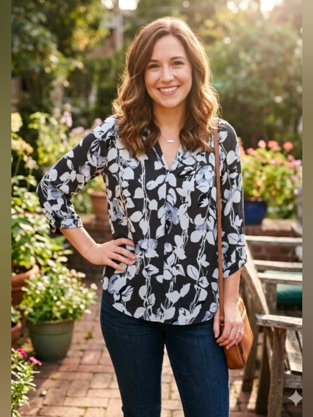 Collective Concepts 3/4 Sleeve Slate Blue Floral Blouse Size Small